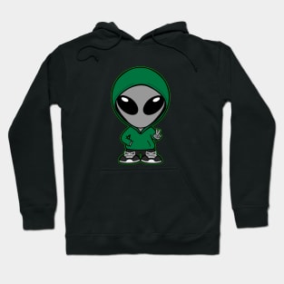 Casual Clothed Gray Alien Holding Up "Peace" Hand Sign Hoodie